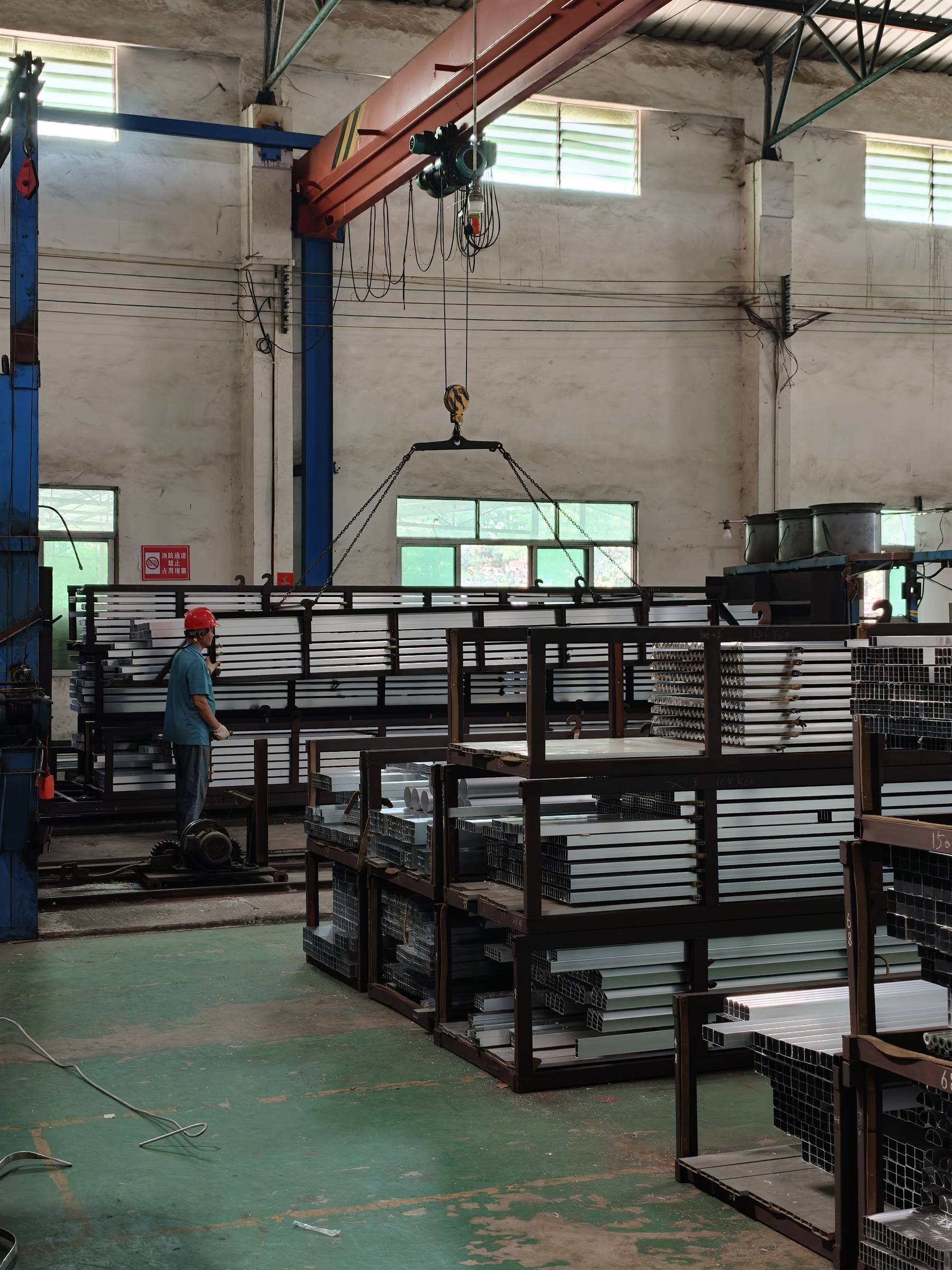 Overhead crane lifting a rack of aluminum profiles