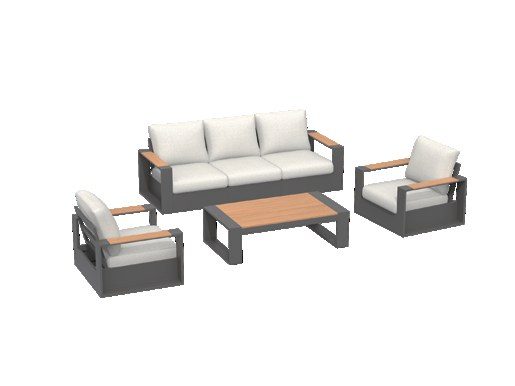 Aluminum sofa set with teak armrests produced for a U.S. brand