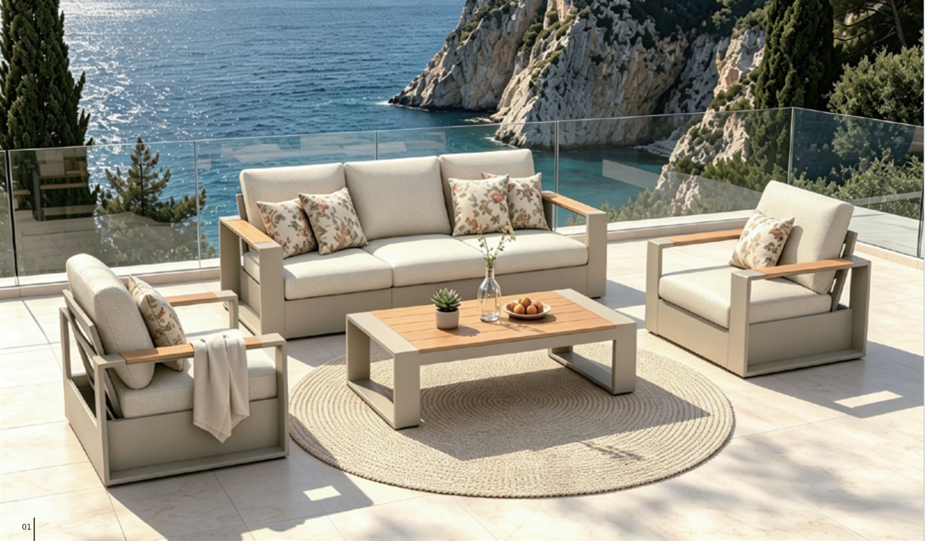 Aluminum deep-seat sofa collection on a coastal terrace