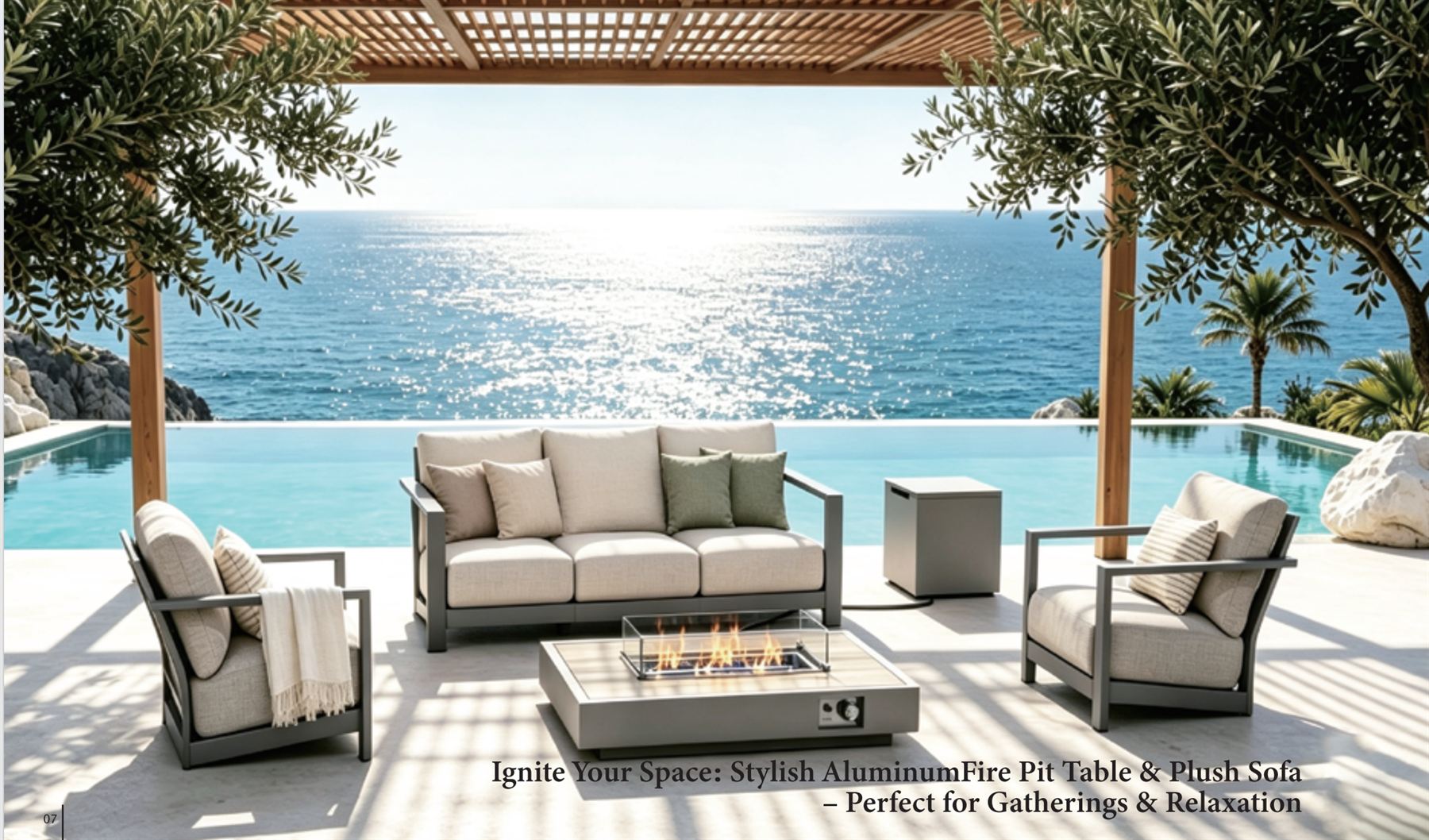 Aluminum fire pit table with wind guard on a poolside terrace